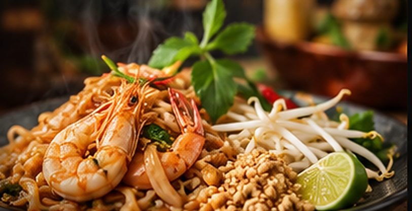 Pad Thai with prawns, crushed peanuts, beansprouts and lime