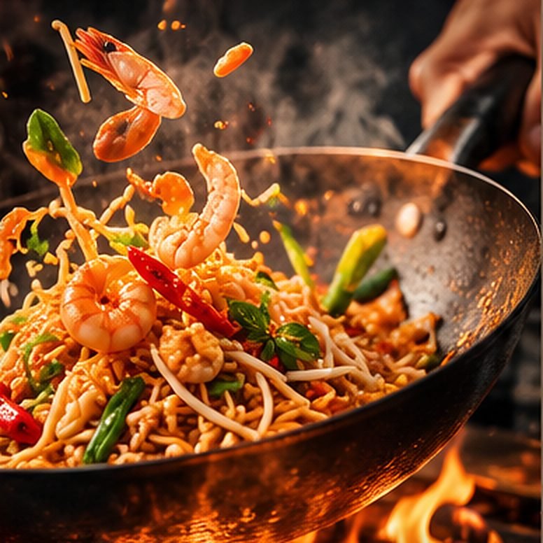 Noodles with prawns and vegetables being tossed in a wok